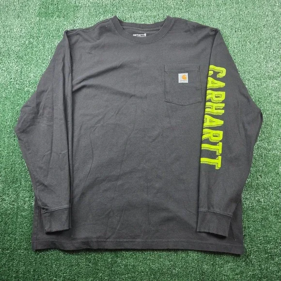 Carhartt Mens Long Sleeve Pocket T-Shirt XL Loose Fit Black Neon Yellow Graphic - Picture 2 of 7